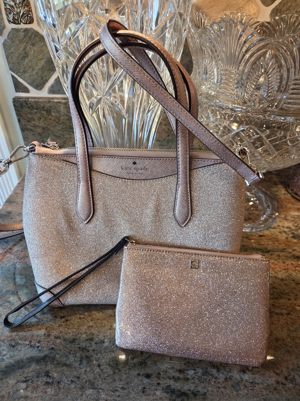 kate spade New York Rose Gold Glitter Crossbody Bag with Wristlet